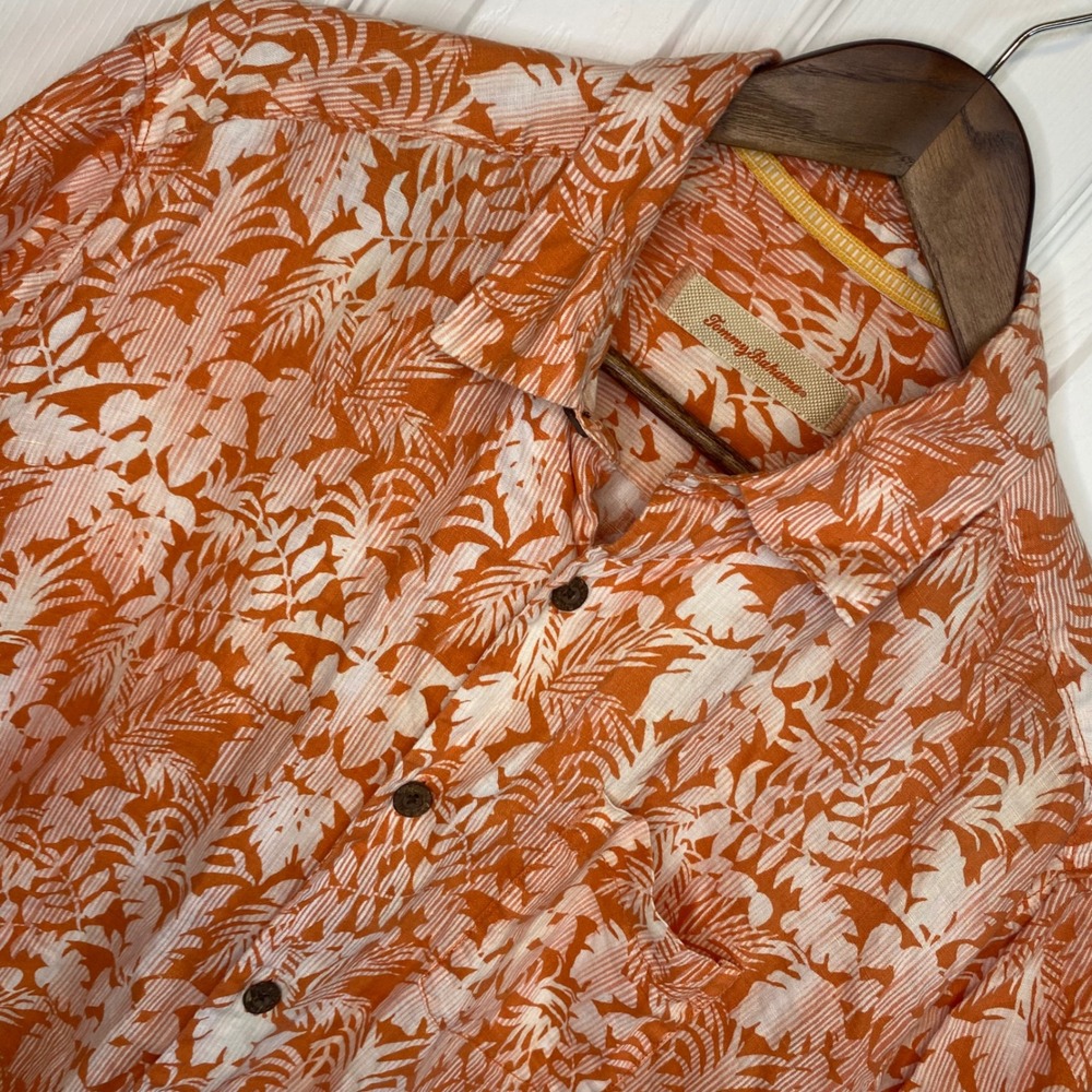 Tommy Bahama‎ Mens Medium 100% Linen Orange Tropical Palm Print Camp Shirt SS